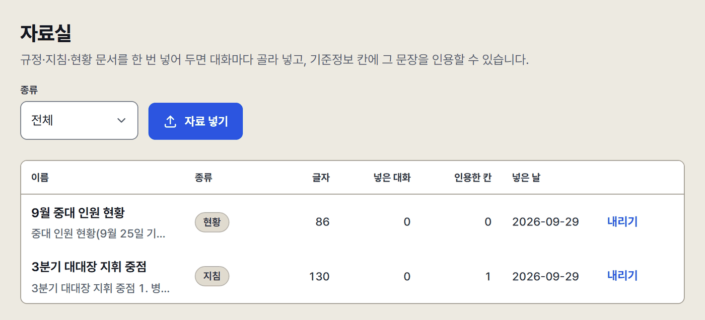 자료실 화면. 위에 종류 거르기와 자료 넣기 단추, 표에 자료 두 건의 이름·종류·글자 수·넣은 대화·인용한 칸·넣은 날과 내리기 링크.